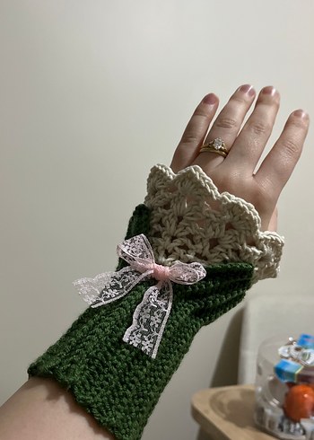 Dantel Detaylı Yeşil Örgü Kadın Eldiveni - Görsel 3