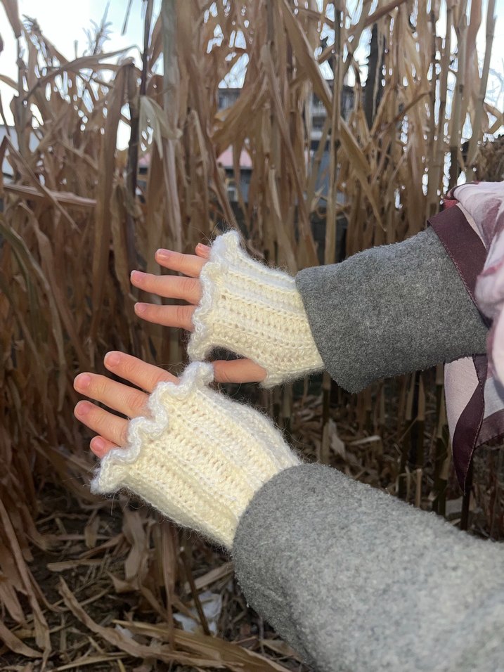 Beyaz Örgü Bohem Kadın Eldiveni - Görsel 2