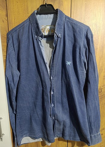 l Beden Mavi Erkek Denim Gömlek, Düğmeli, Uzun Kollu