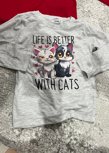 Kız Çocuk Gri ve Kırmızı Uzun Kollu Pamuklu Tişört - Görsel 3