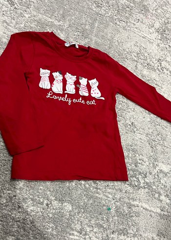 Kız Çocuk Gri ve Kırmızı Uzun Kollu Pamuklu Tişört - Görsel 4