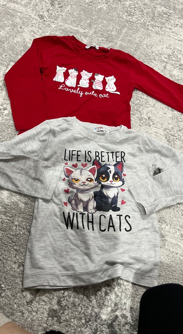 Kız Çocuk Gri ve Kırmızı Uzun Kollu Pamuklu Tişört - Görsel 2