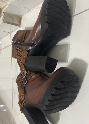Kahverengi Tokalı Deri Biker Kadın Bot - Görsel 4