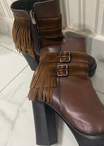 Kahverengi Tokalı Deri Biker Kadın Bot - Görsel 3