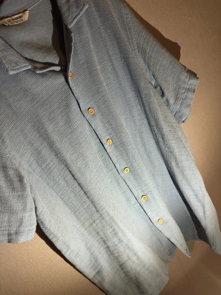 Mavi Keten Kısa Kollu Gömlek - Görsel 3