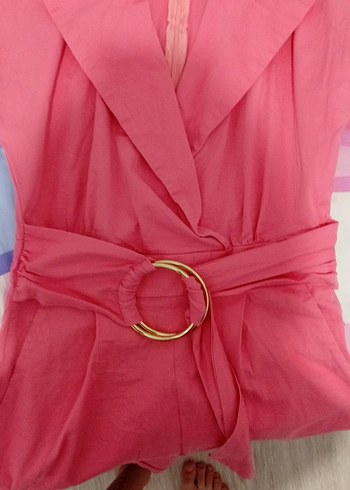 Pembe Kemerli Kısa Kollu Kadın Tulum - Görsel 3