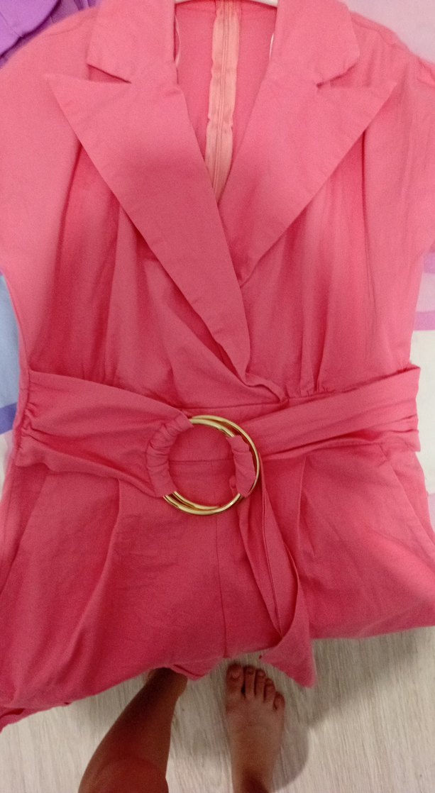 Pembe Kemerli Kısa Kollu Kadın Tulum - Görsel 3