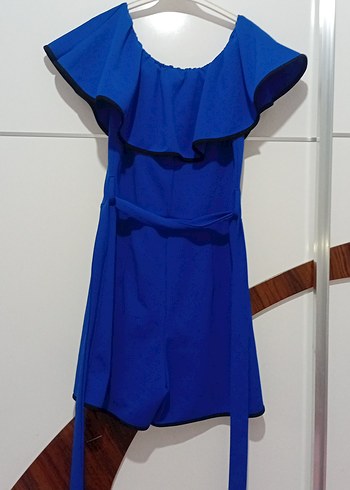 Mavi Kısa Fırfırlı Straplez Kadın Tulum - Görsel 2