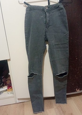 Gri Kadın Yırtık Skinny Denim Jean