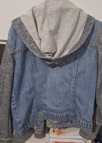 s Beden Gri Denim ve Triko Detaylı Kadın Ceket