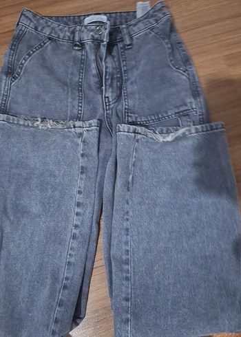 Gri Bel Detaylı Kadın, Kargo Stili Kot Pantolon - Görsel 2