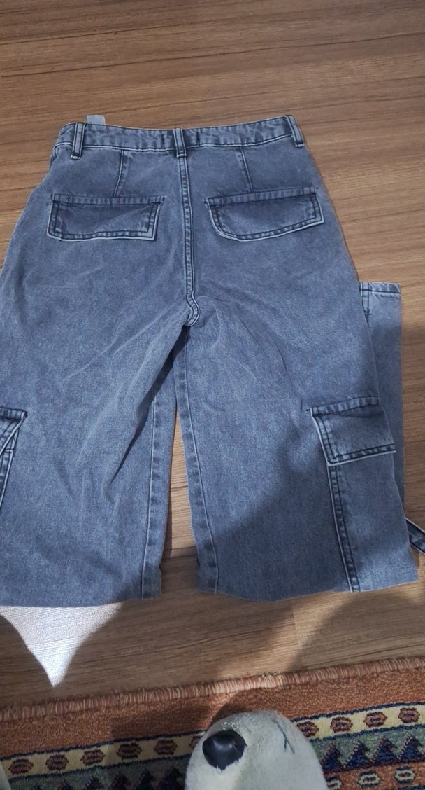 Gri Bel Detaylı Kadın, Kargo Stili Kot Pantolon - Görsel 5