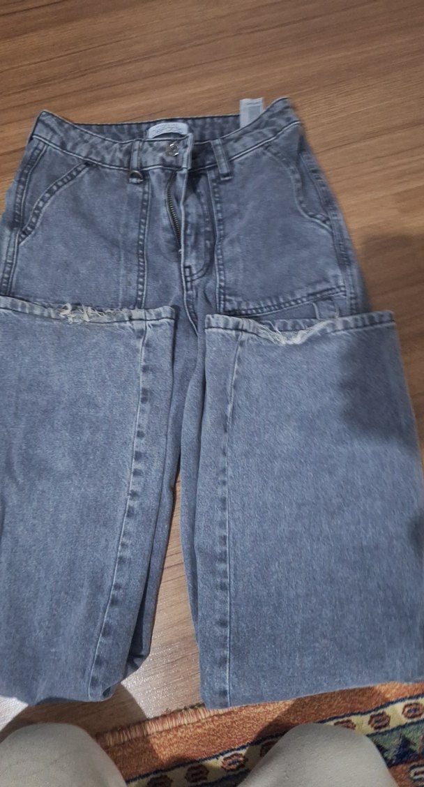 Gri Bel Detaylı Kadın, Kargo Stili Kot Pantolon - Görsel 2