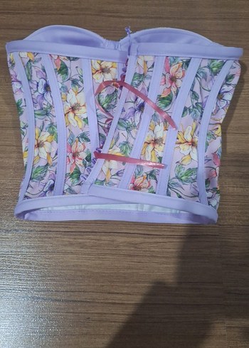 Lila Çiçek Desenli Bağlamalı Korse Bustiyer - Görsel 2