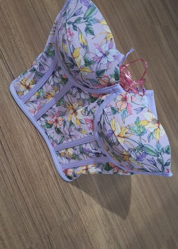 Lila Çiçek Desenli Bağlamalı Korse Bustiyer - Görsel 4