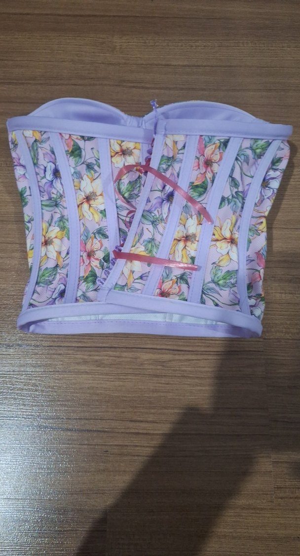 Lila Çiçek Desenli Bağlamalı Korse Bustiyer - Görsel 2