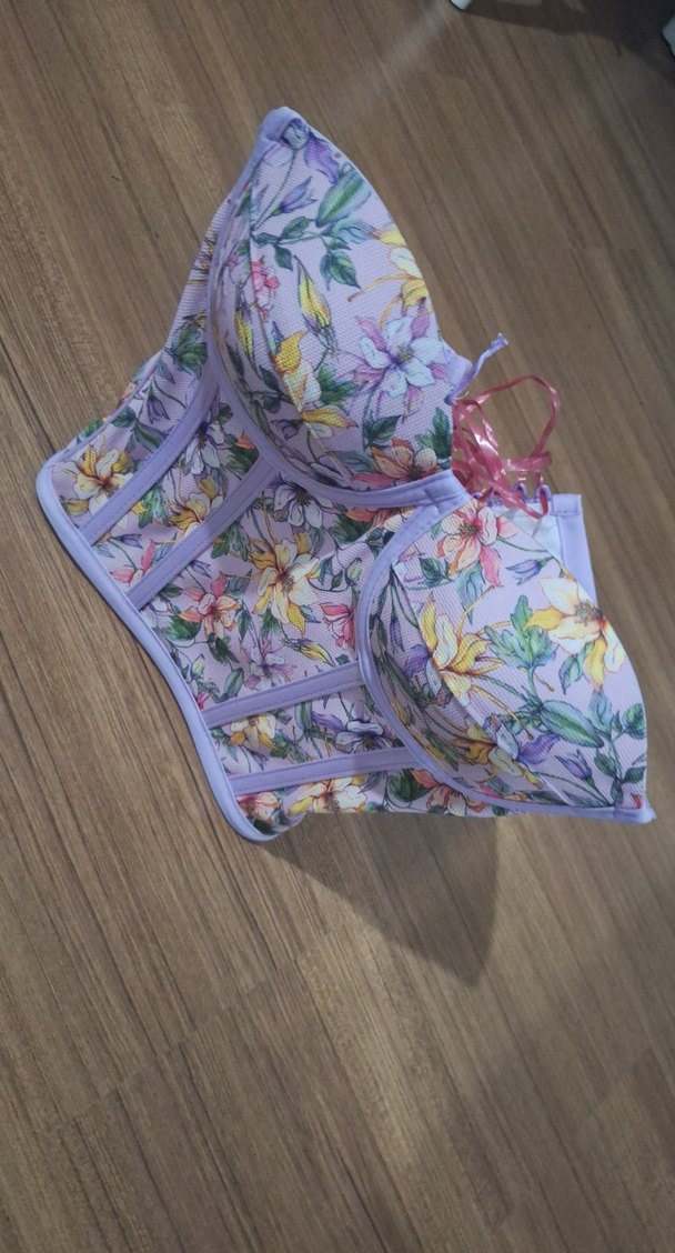 Lila Çiçek Desenli Bağlamalı Korse Bustiyer - Görsel 4