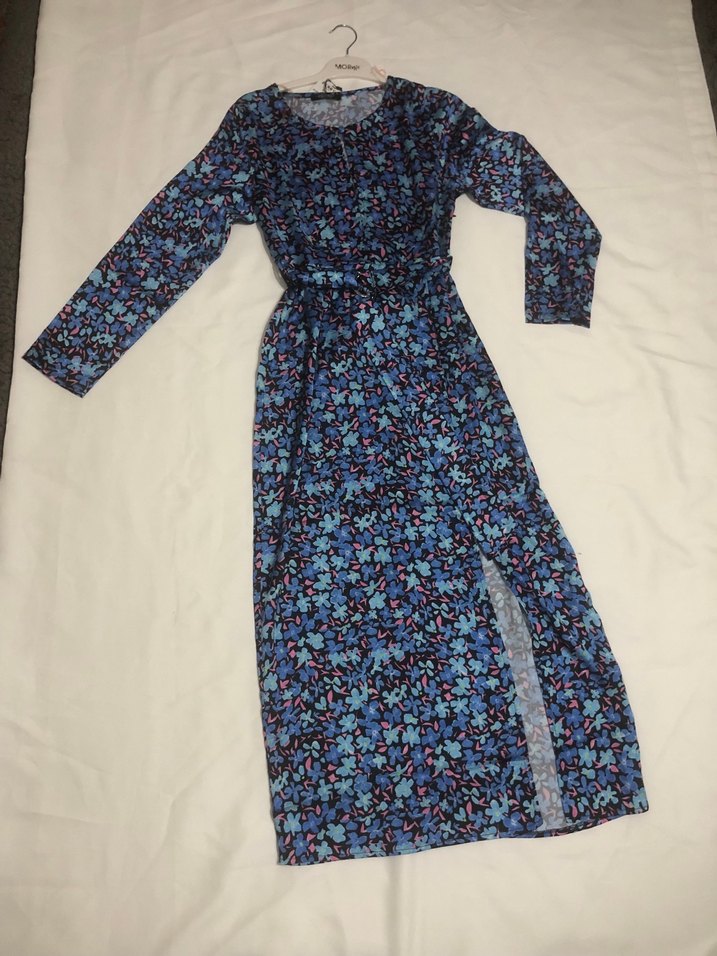 Uzun Kol, yuvarlak Yakalı, yırtmaçlı kemerli Bohem Kadın Elbise - Görsel 2