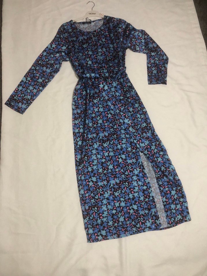 Uzun Kol, yuvarlak Yakalı, yırtmaçlı kemerli Bohem Kadın Elbise - Görsel 3