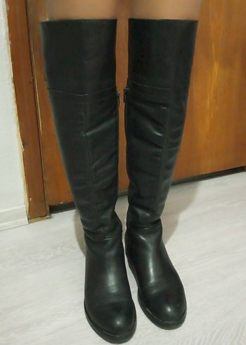 Diz Üstü Siyah Deri Stiletto Çizmeler - Görsel 2