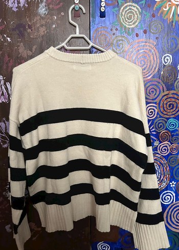 Bershka Kadın Siyah Beyaz Çizgili Triko Kazak - Görsel 3