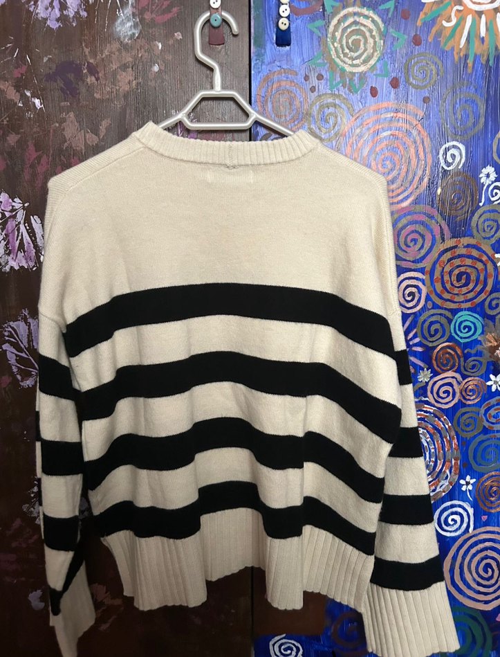 Bershka Kadın Siyah Beyaz Çizgili Triko Kazak - Görsel 3