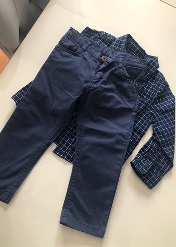 Erkek Çocuk Mavi Kareli Denim Gömlekve pantolon - Görsel 4