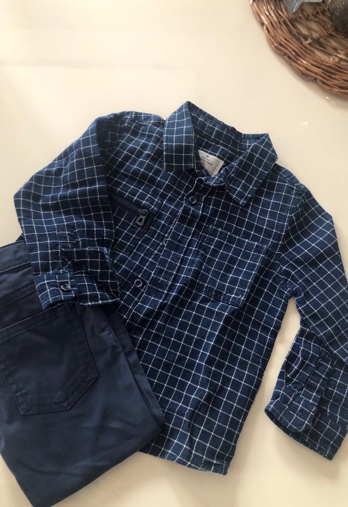 Erkek Çocuk Mavi Kareli Denim Gömlekve pantolon - Görsel 2