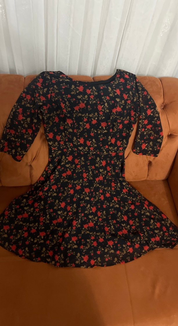 Çiçek Desenli Siyah Midi Bohem Elbise - Görsel 3