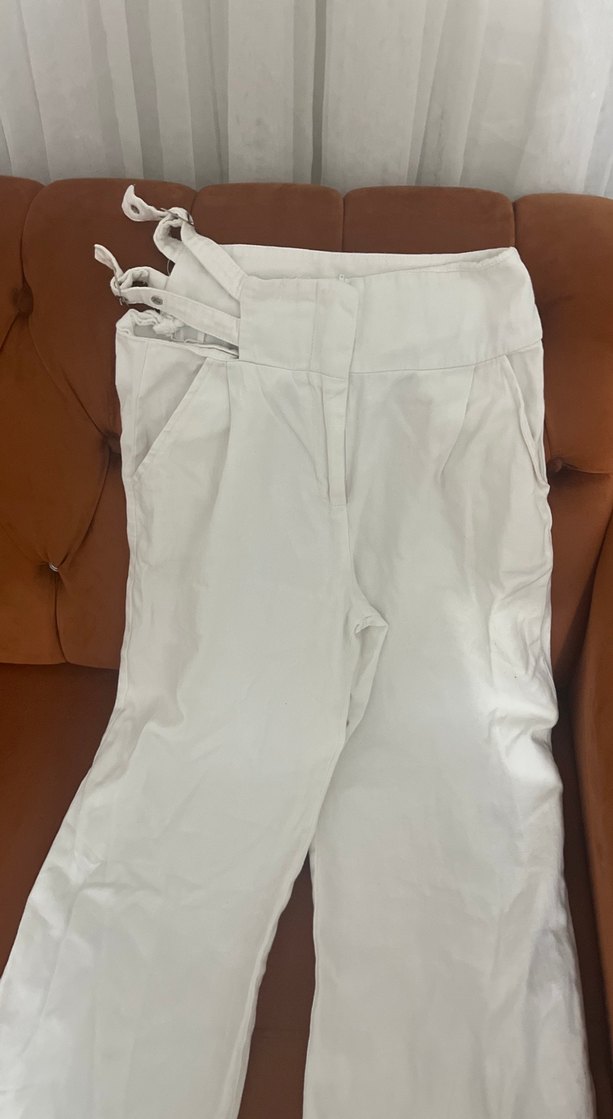 Beyaz Kemerli Kadın Keten bol paça Pantolon - Görsel 2