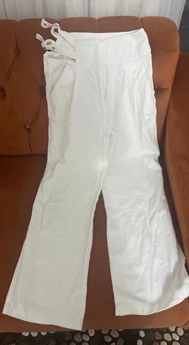 Beyaz Kemerli Kadın Keten bol paça Pantolon - Görsel 3