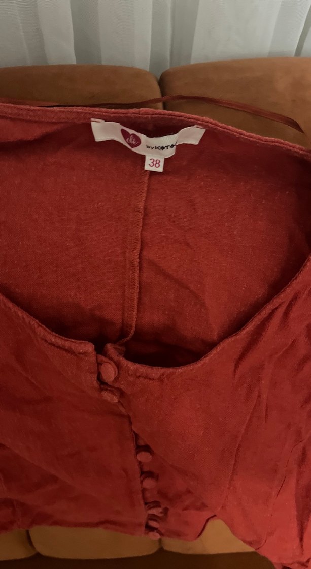 Tarçın  geniş Yaka Düğmeli Keten Bluz - Görsel 3