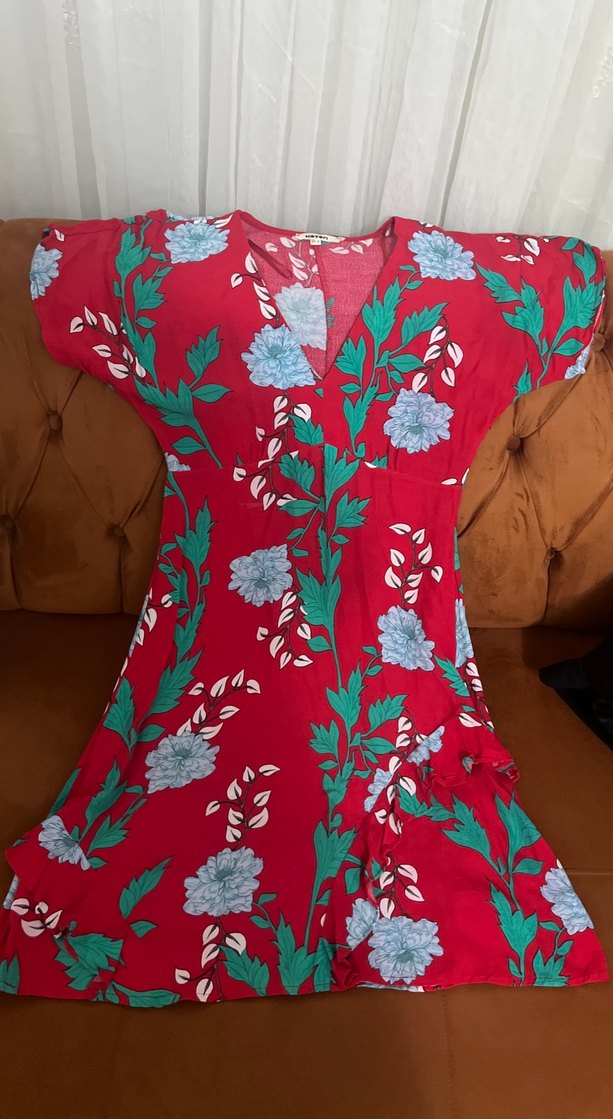 Renkli Desenli V Yaka midi boy Bohem Elbise - Görsel 2