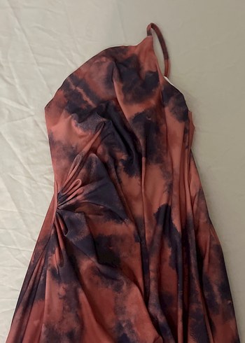 Drapeli Bağlama Desenli Uzun Kahverengi Elbise - Görsel 3