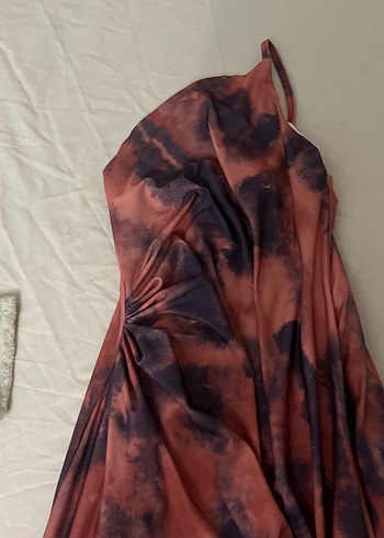 Drapeli Bağlama Desenli Uzun Kahverengi Elbise - Görsel 2