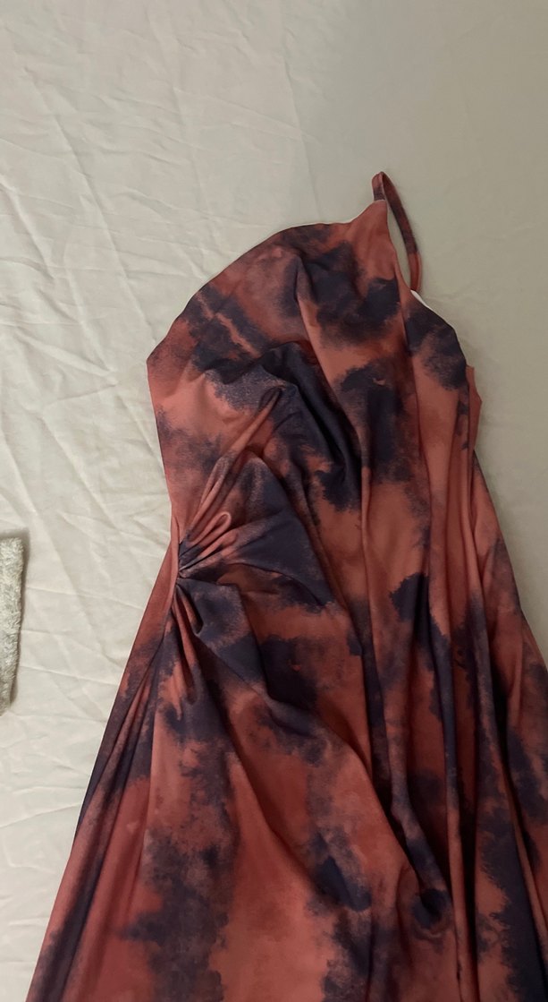 Drapeli Bağlama Desenli Uzun Kahverengi Elbise - Görsel 2