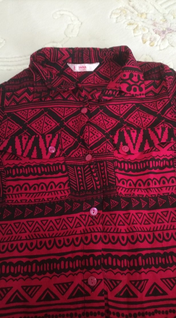 Bohem Desenli Fuşya bordo siyah Uzun Çocuk Gömlek - Görsel 2