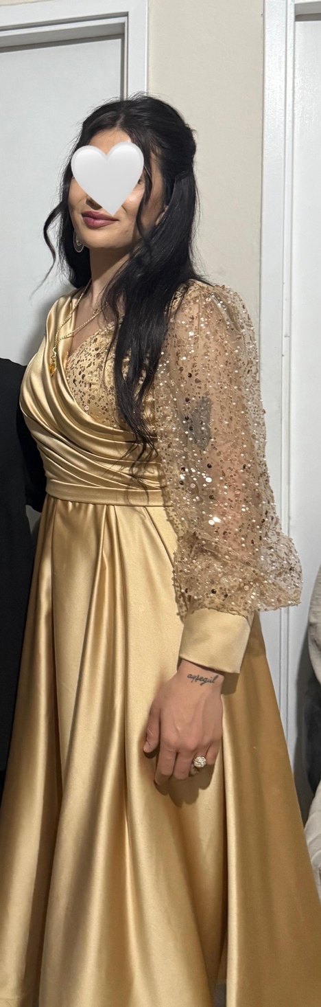 Altın Rengi Drapeli Uzun Kollu Abiye Elbise - Görsel 2