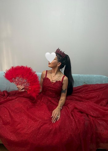 Kırmızı Parlak V Yaka Strappy Midi Gelinlik - Görsel 2