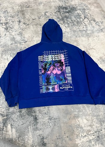Kadın Mavi Kapüşonlu Baskılı Sweatshirt