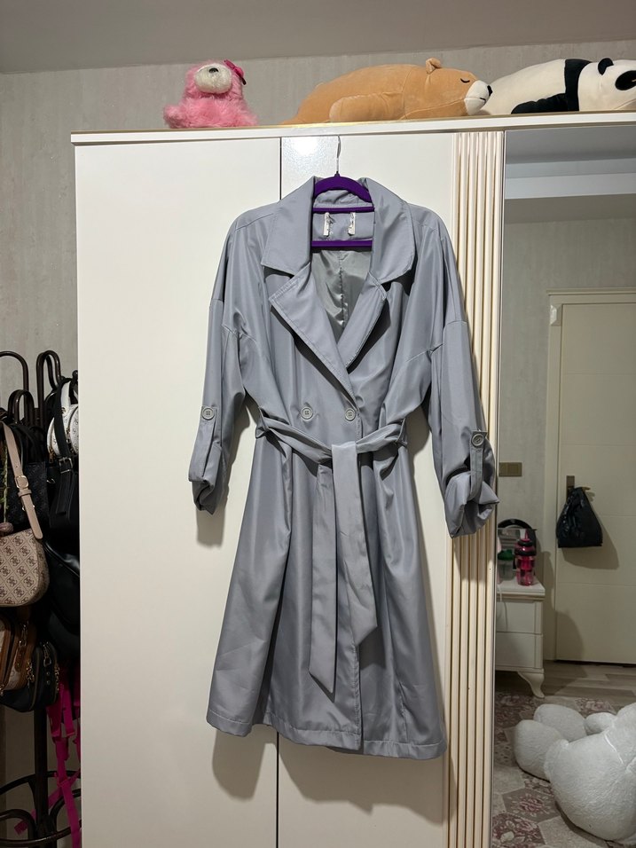 Gri Midi Salaş Kadın Trençkot - Görsel 2