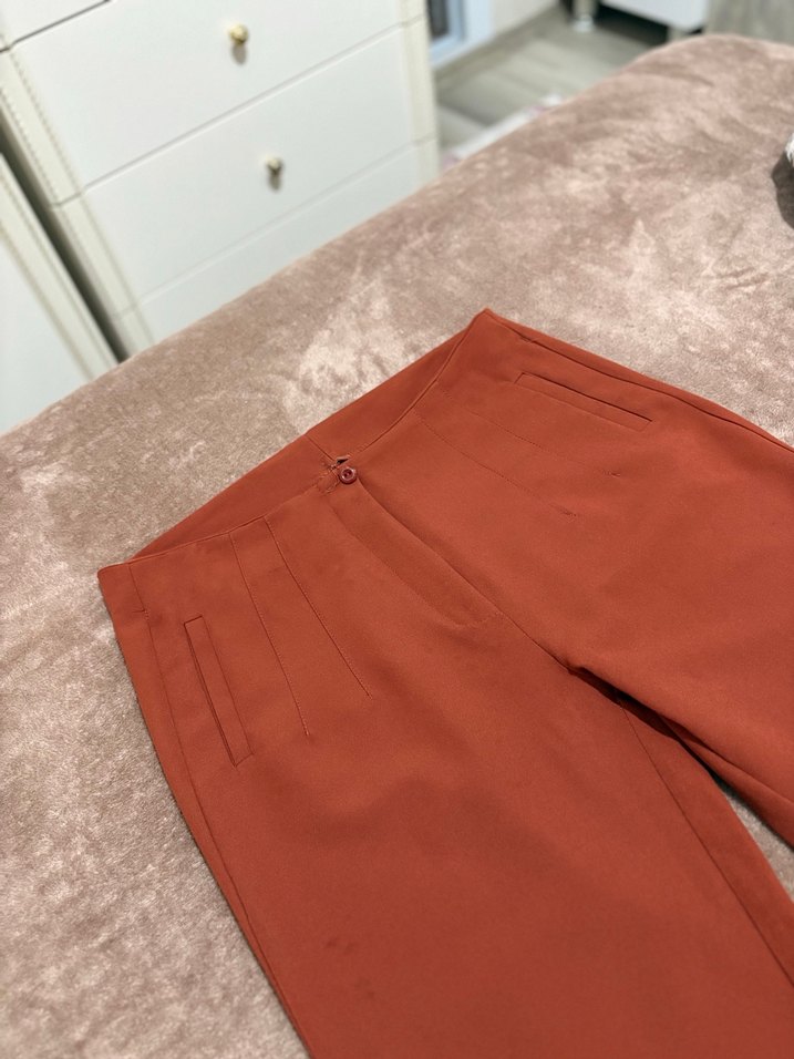 Kadın Parlak Kahverengi Midi Kumaş Pantolon - Görsel 2