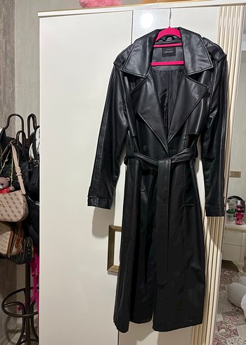 Kadın Siyah Deri Uzun Trençkot - Görsel 3