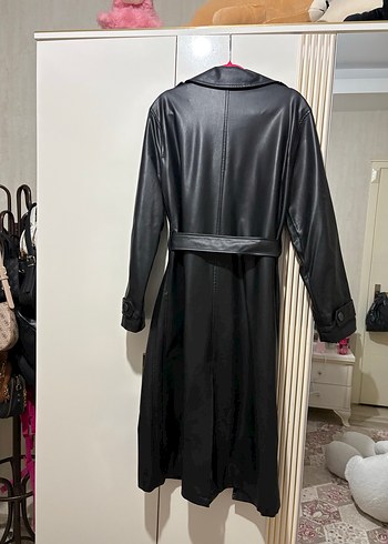 Kadın Siyah Deri Uzun Trençkot - Görsel 4