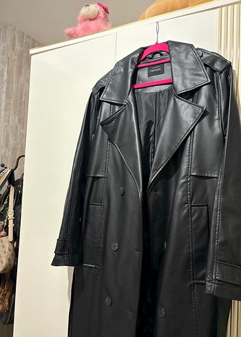Kadın Siyah Deri Uzun Trençkot - Görsel 2