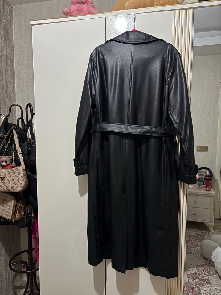 Kadın Siyah Deri Uzun Trençkot - Görsel 5