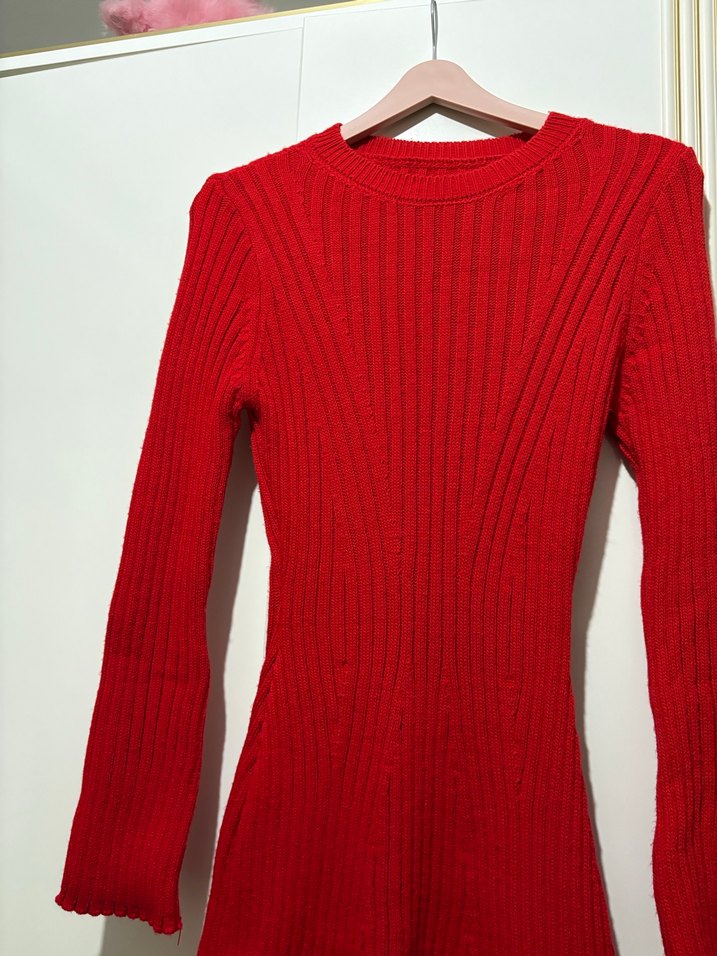 Kırmızı Triko Kadın Midi Elbise - Görsel 2