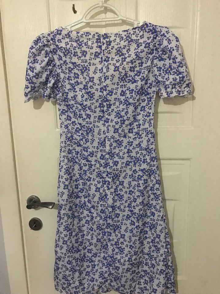 Mavi Baskılı V Yaka Midi Elbise - Görsel 5