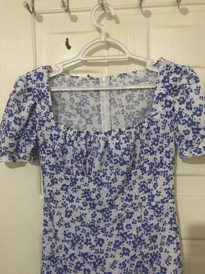 Mavi Baskılı V Yaka Midi Elbise - Görsel 3