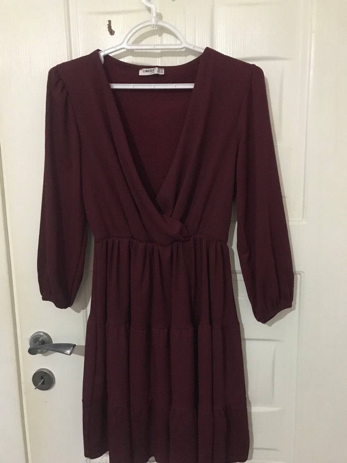 Bordo Midi V Yaka Salaş Kadın Elbise - Görsel 3